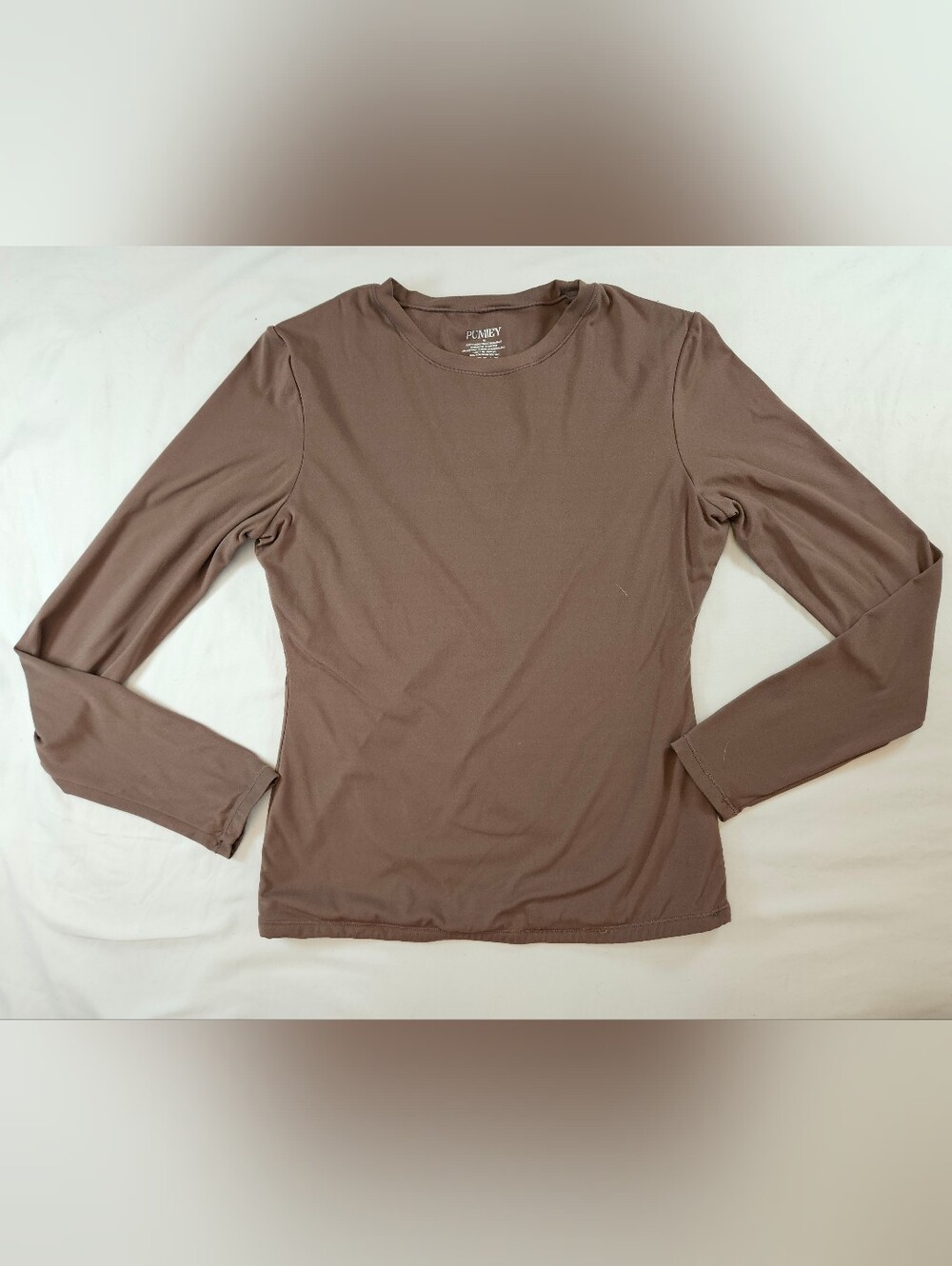 Pumiey Womens Brown Fitted Jersey Crewneck Pullover Long Sleeve Top Size Medium